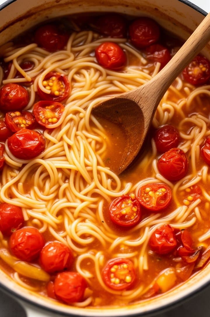 Straight-down overhead shot into the pot at the 8-minute mark, linguine softened and curling through a reduced starchy broth, cherry tomatoes burst open with visible seeds, sauce visibly thickened and clinging to the noodles, wooden spoon creating a trail through the pasta showing the silky sauce consistency