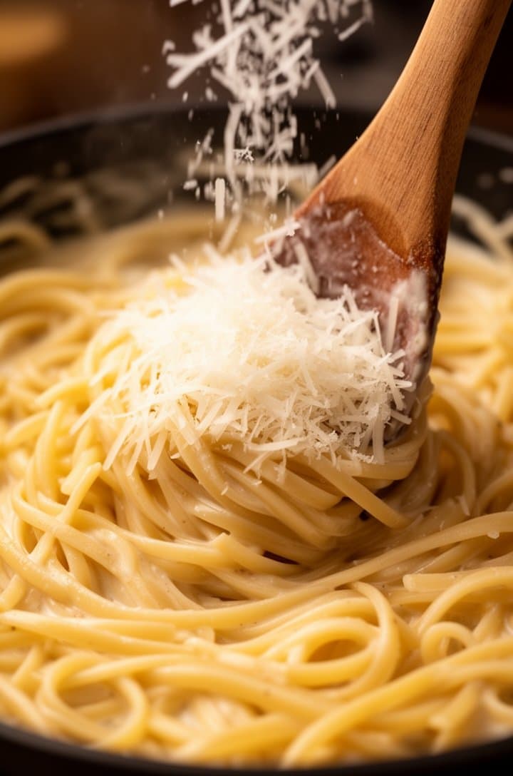 Close-up of freshly grated parmesan being stirred into the finished pasta off-heat, cheese melting into silky strands, the sauce turning glossy and creamy, a wooden spoon folding the cheese through the linguine, warm side lighting highlighting the glossy sauce coating each noodle