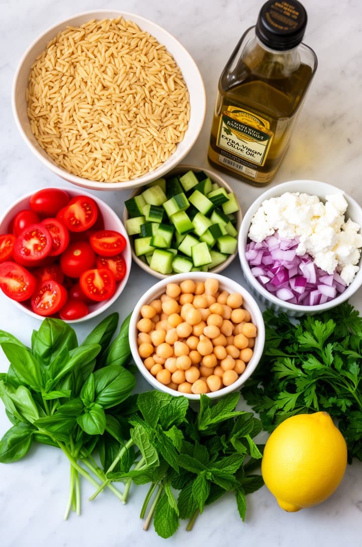 Overhead flat-lay of all orzo pasta salad ingredients arranged neatly on a light marble surface — a bowl of dry orzo pasta, halved cherry tomatoes in a small dish, diced cucumber, rinsed chickpeas, crumbled feta in a ramekin, finely diced red onion, bunches of fresh basil and mint and parsley, a whole lemon, and a bottle of extra-virgin olive oil. Bright, even natural overhead lighting, clean food blog mise en place styling, organized and colorful