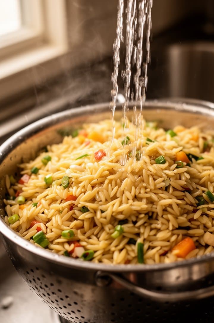 Close-up 45-degree angle of orzo pasta draining in a metal colander under running cold water, individual rice-shaped grains visible and glistening, steam rising slightly, stainless steel sink visible in the soft-focus background, warm natural kitchen lighting from a window to the left