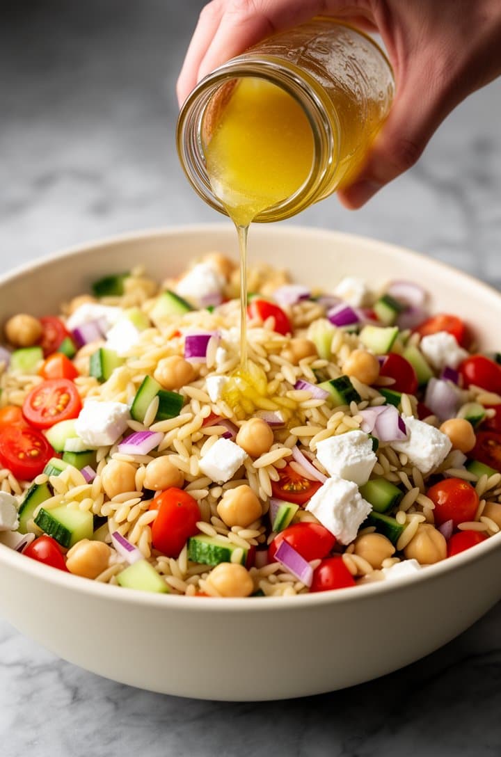 Medium close-up shot of a hand pouring golden lemon vinaigrette from a mason jar over a large bowl of orzo mixed with colorful diced vegetables — cherry tomatoes, cucumber, chickpeas, feta, and red onion visible. The dressing streams in a thin ribbon catching the light. Cream ceramic bowl on gray marble surface, soft natural side lighting, shallow depth of field