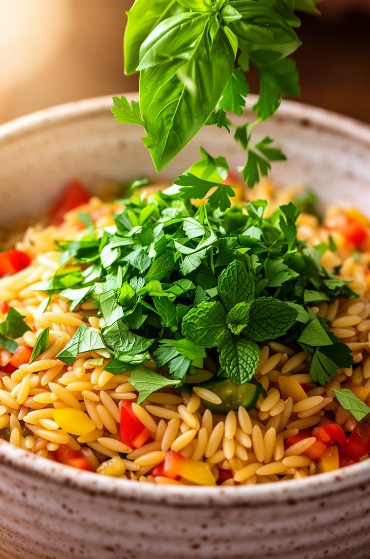 45-degree close-up of chopped fresh herbs — bright green basil, delicate mint leaves, and flat-leaf parsley — being scattered over the dressed orzo pasta salad in a speckled ceramic bowl. The herbs are vivid green against the golden orzo and colorful vegetables. Warm natural light from the left, shallow depth of field blurring the bowl edges, professional food photography