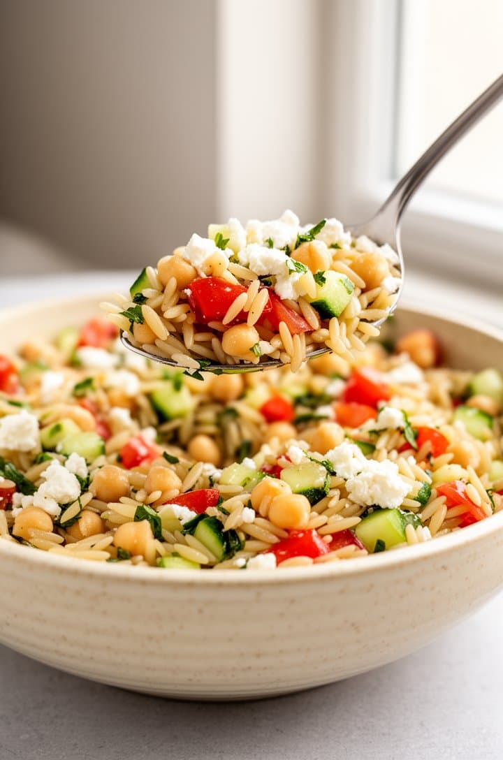 Straight-on side angle of the finished orzo pasta salad served in a cream speckled ceramic bowl on a light gray surface, a silver serving spoon lifting a generous scoop showing all the ingredients — orzo, tomatoes, cucumber, chickpeas, feta, herbs all visible in the spoonful. Bright natural window light from the right, clean background, shallow depth of field focusing on the spoon