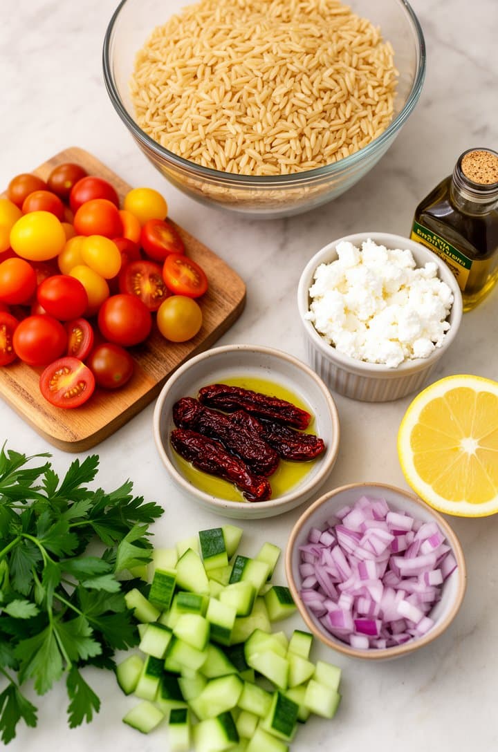 Overhead flat-lay of all recipe ingredients neatly arranged on a light marble countertop: a glass bowl of dry orzo pasta, halved colorful cherry tomatoes on a small wooden cutting board, crumbled feta in a ceramic ramekin, sliced sun-dried tomatoes in a small dish with visible oil, diced cucumber, finely chopped red onion, a bunch of flat-leaf parsley, a whole lemon cut in half, and a small bottle of extra virgin olive oil. Bright even natural lighting from above, clean food blog styling.