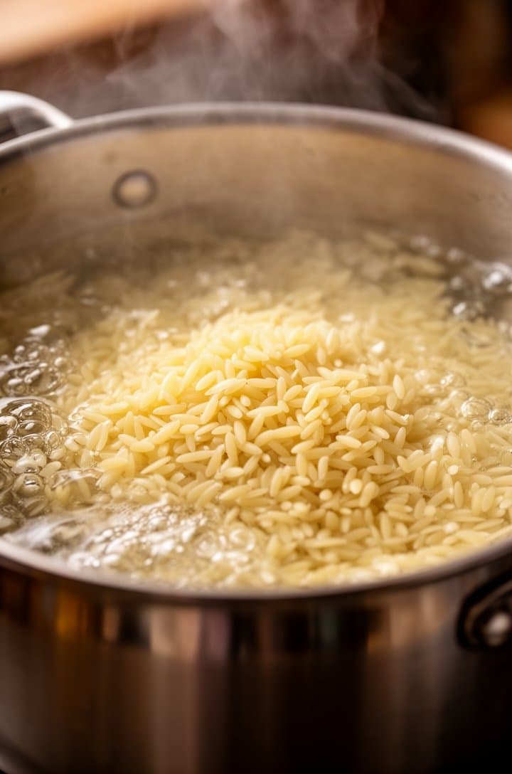 Close-up side angle of orzo pasta boiling in a large stainless steel pot of salted water, the small rice-shaped pasta pieces tumbling in the rolling boil, steam rising from the surface, warm kitchen lighting, shallow depth of field focused on the pasta in the water.
