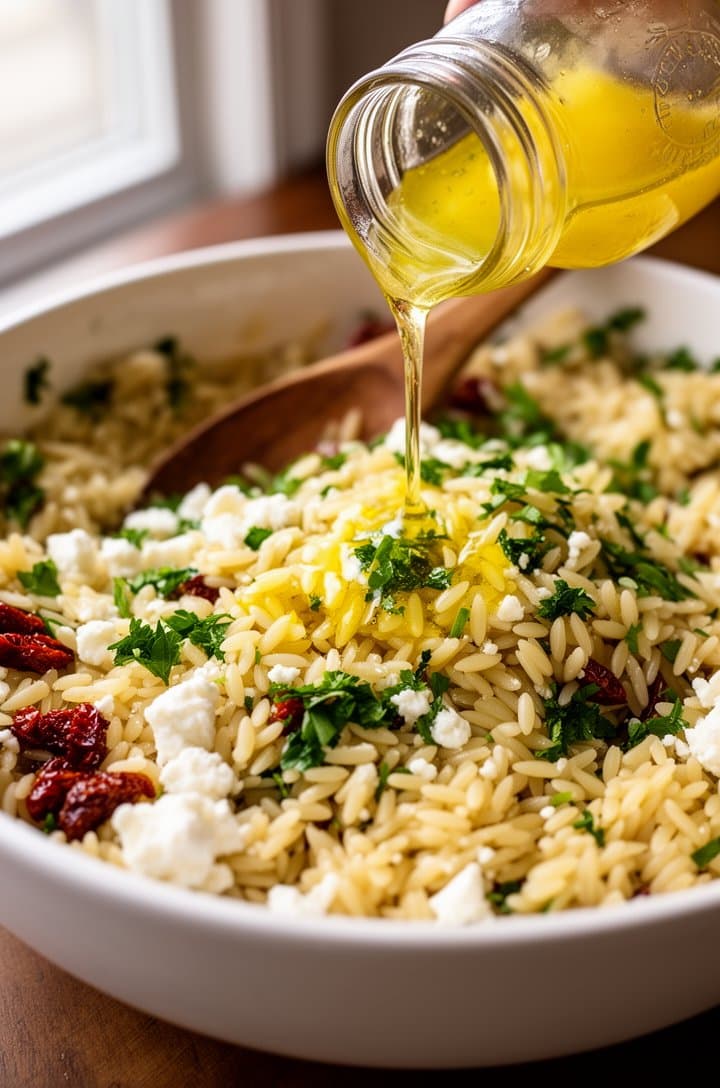45-degree angle shot of warm drained orzo in a large white ceramic bowl being dressed with lemon vinaigrette poured from a small glass jar, finely chopped parsley already mixed in, the golden oil creating a glossy sheen on the warm pasta grains, a wooden spoon resting on the rim, natural window light from the left.