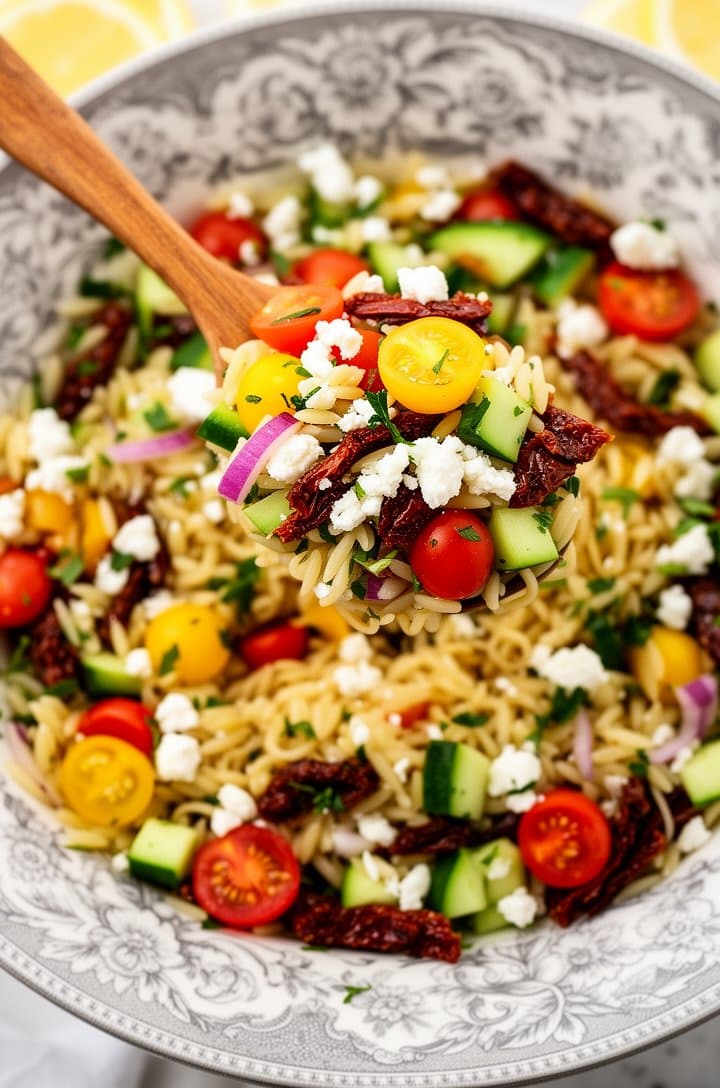 Overhead close-up of the fully assembled orzo salad in a wide decorative bowl with grey floral pattern, a wooden serving spoon lifting a generous scoop showing the colorful mix of orzo, red and yellow cherry tomato halves, green cucumber cubes, dark sun-dried tomato strips, purple onion, and scattered white feta crumbles with fresh parsley throughout, bright natural light, sharp focus on the spoon contents with soft background.