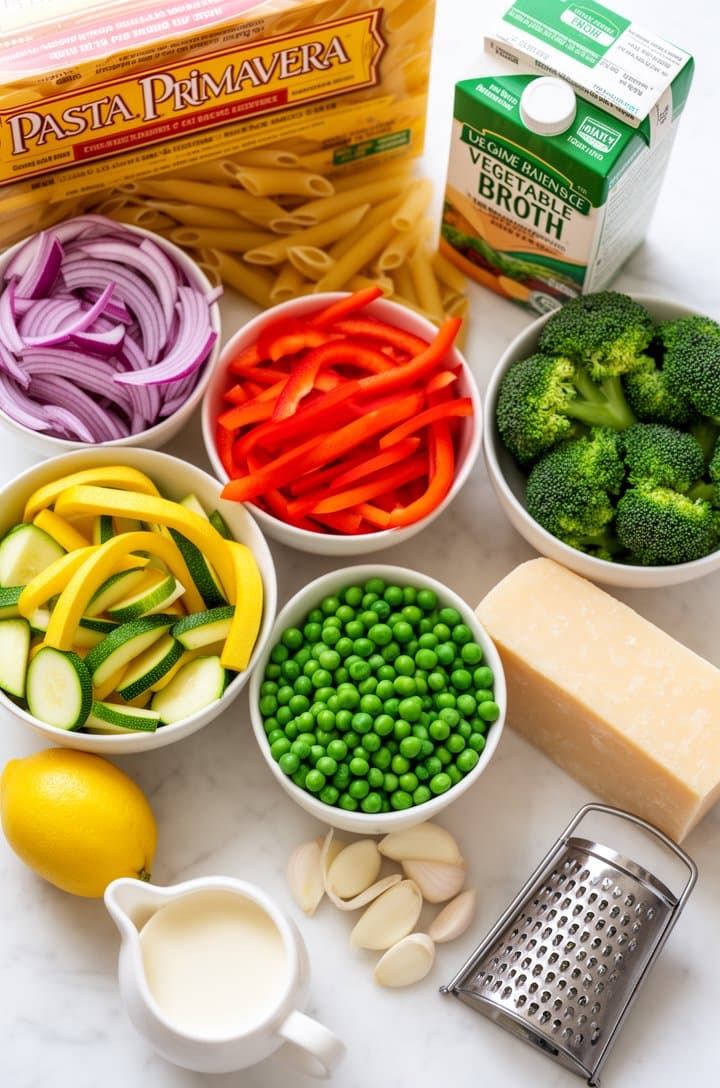 Overhead flat-lay of all pasta primavera ingredients arranged on a white marble surface — a box of penne, bowls of sliced red onion, bell pepper matchsticks, broccoli florets, zucchini and yellow squash half-moons, frozen peas, sliced garlic, a block of Parmesan with a small grater, a lemon, a small pitcher of cream, and a carton of vegetable broth. Bright even natural daylight, clean and organized mise en place, professional food blog styling