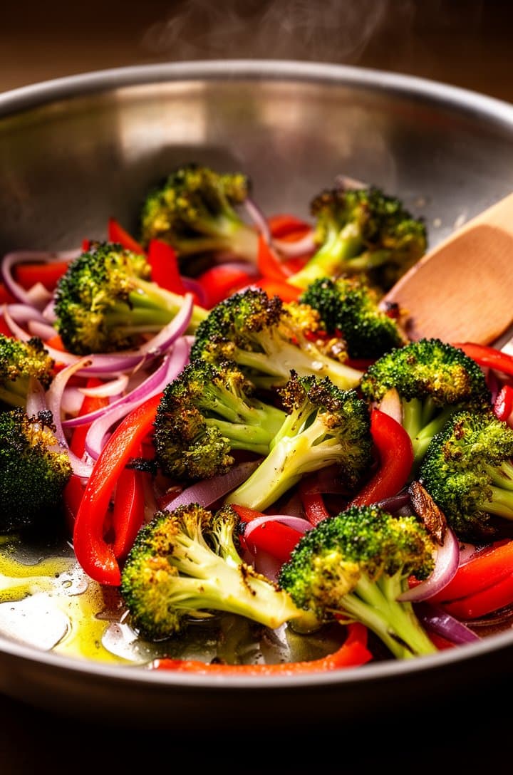 Close-up 45-degree shot of broccoli florets, red bell pepper strips, and sliced red onion sautéing in a large stainless steel skillet with olive oil, vegetables showing golden-brown charred edges while still vibrant in color, oil shimmering around the pieces, warm directional side lighting casting gentle shadows, wooden spoon visible at edge, steam rising