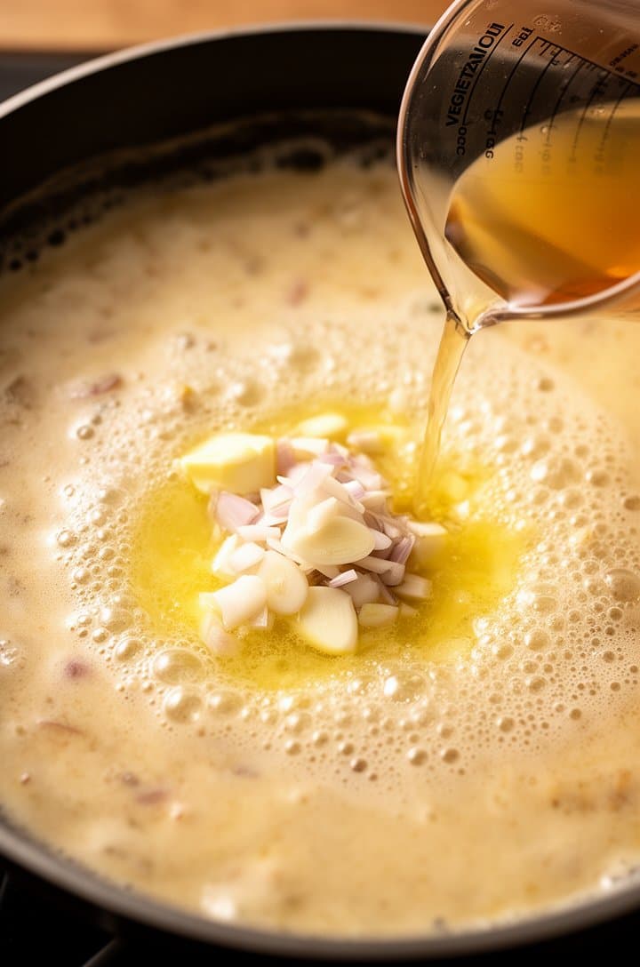 Overhead shot of a large skillet showing the cream sauce building — melted butter with sliced garlic and minced shallot in the center, vegetable broth being poured in from a measuring cup at the edge of frame, gentle bubbling visible, warm golden tones, shallow depth of field on the pouring liquid