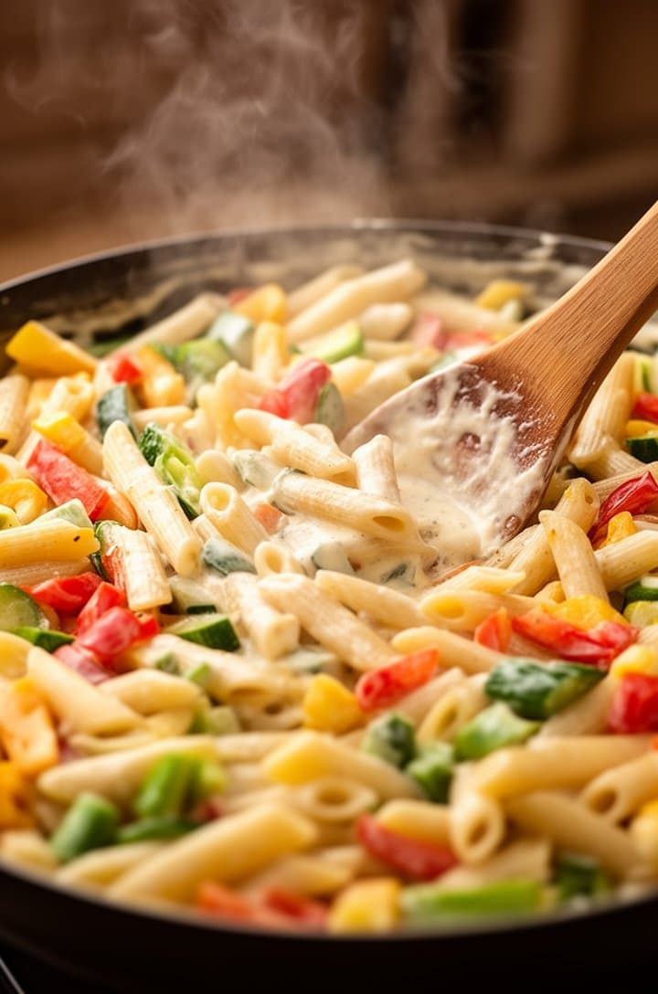 Side-angle action shot of penne pasta, sautéed vegetables, and cream sauce being tossed together in a large skillet with wooden tongs, the glossy Parmesan cream sauce visibly coating each piece of pasta and vegetable, bright pops of red, green, and yellow against the creamy sauce, steam rising, warm side lighting