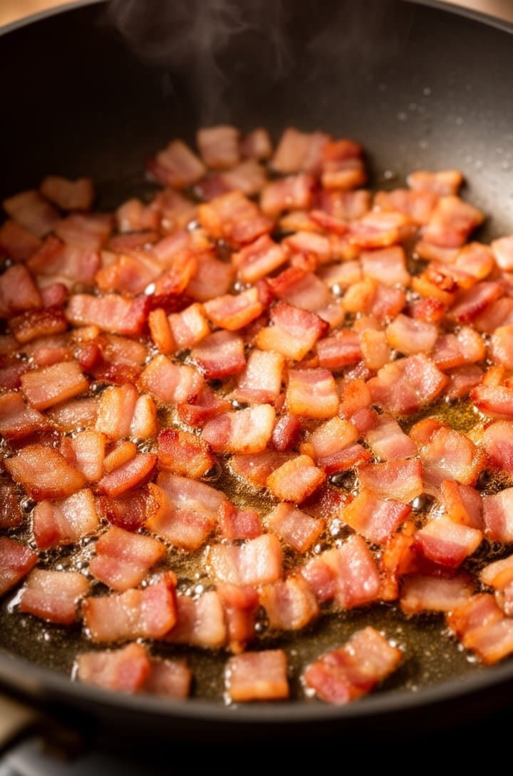 Close-up overhead shot of diced bacon sizzling in a large nonstick skillet, pieces turning golden-brown and crispy with rendered fat glistening around them, warm amber tones from the cooking fat, dark skillet contrasting with the bacon, steam rising slightly, professional food photography with warm side lighting