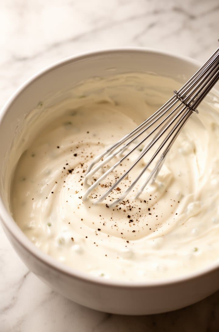 Overhead shot of a large white ceramic bowl with creamy sour cream and mayonnaise dressing freshly whisked together, smooth and glossy with tiny specks of black pepper visible on the surface, a silver whisk resting in the bowl, bright natural lighting on a light marble countertop