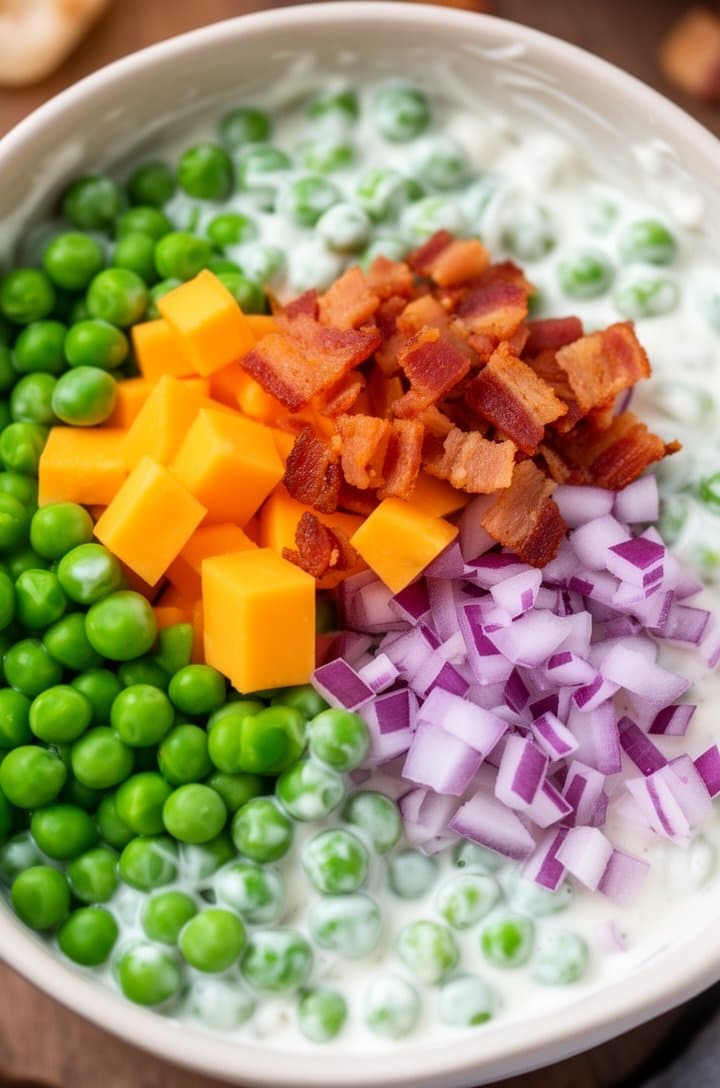 Top-down shot of thawed bright green peas, cubed sharp orange cheddar cheese, diced purple-red onion, and crispy golden bacon pieces added to the bowl of creamy white dressing, ingredients still unmixed and sitting on top of the dressing, vibrant color contrast, natural lighting