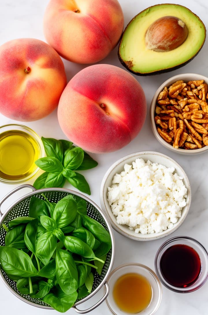 Overhead flat-lay of all peach salad ingredients separated on a white marble surface: three ripe peaches with blush-red gradient skin, a halved ripe avocado with pit removed, a small ceramic bowl of crumbled white feta cheese, a pinch bowl of golden chopped pecans, a small bunch of fresh bright green basil, baby spinach leaves in a colander, and small glass vessels of olive oil and red wine vinegar. Bright even natural lighting from above, clean food blog styling