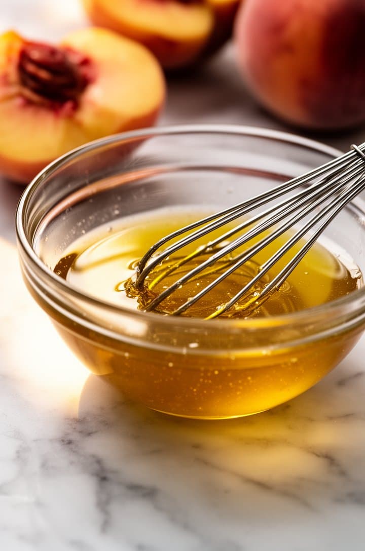 Close-up 45-degree angle of a small glass mixing bowl with honey vinaigrette — golden olive oil emulsified with red wine vinegar and honey, tiny whisk inside the bowl showing the creamy emulsion, a drizzle of honey catching warm side light from the left. Light marble surface, shallow depth of field on background ingredients