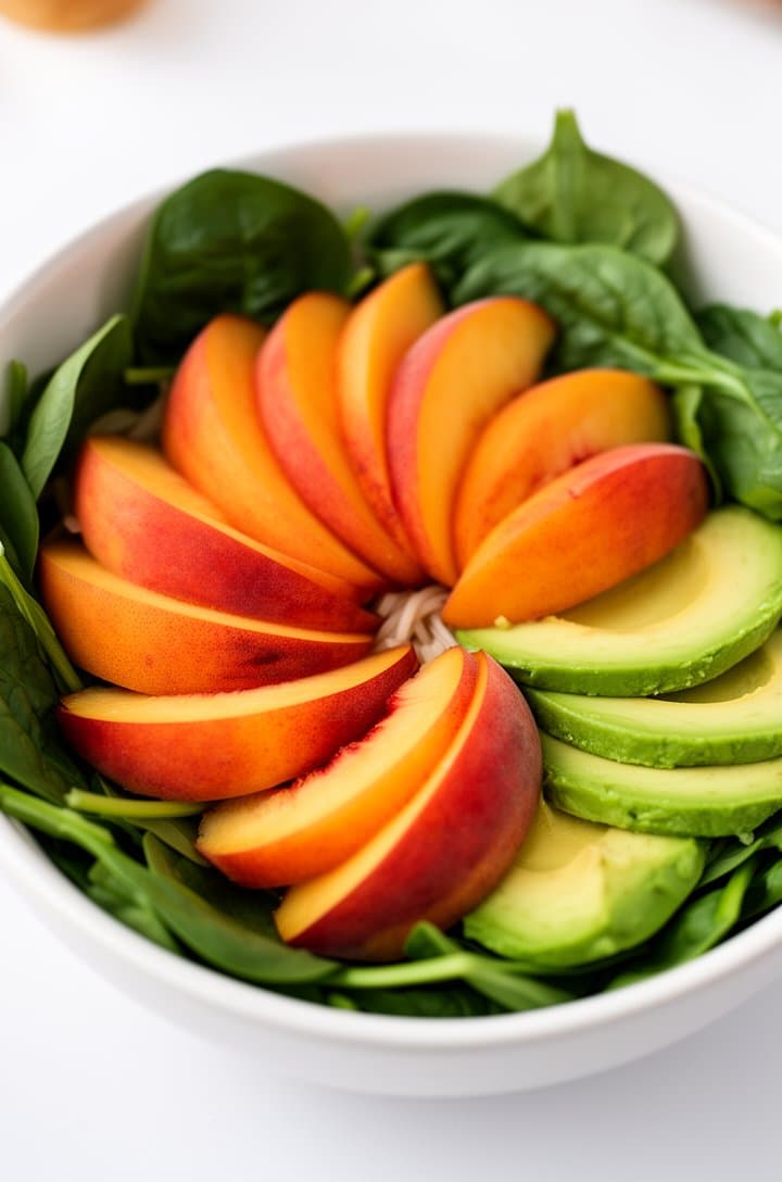 Overhead shot of a white ceramic bowl with baby spinach as the base, ripe peach wedges being fanned out in a circular pattern showing the orange-to-red gradient of each slice, sliced avocado arranged alongside. Mid-assembly, no toppings yet. Bright natural light, clean white surface