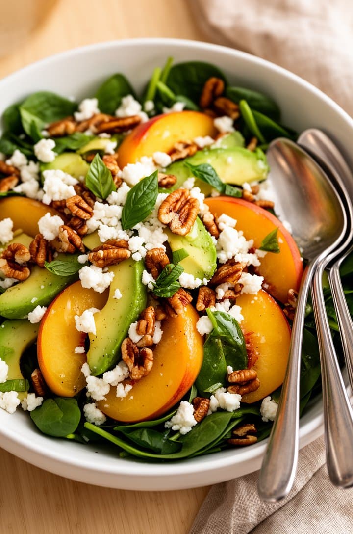 Extreme close-up overhead of the fully assembled peach salad in a white bowl — scattered white feta crumbles, golden pecan pieces, and torn green basil leaves visible on top of the peach and avocado arrangement over dark spinach. Vinaigrette glistening on every surface. Two silver serving spoons on the right side of the bowl. Warm natural lighting from the left, light wood table surface, linen cloth in soft focus at the edge