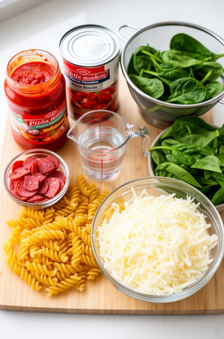 Overhead flat-lay of all ingredients for pizza pasta arranged on a light wooden cutting board — an opened jar of pizza sauce, a can of petite diced tomatoes, a measuring cup of water, a small bowl of chopped pepperoni, a pile of uncooked rotini pasta, a mound of shredded mozzarella in a glass bowl, and fresh baby spinach in a colander, bright natural window lighting from above, clean white countertop background