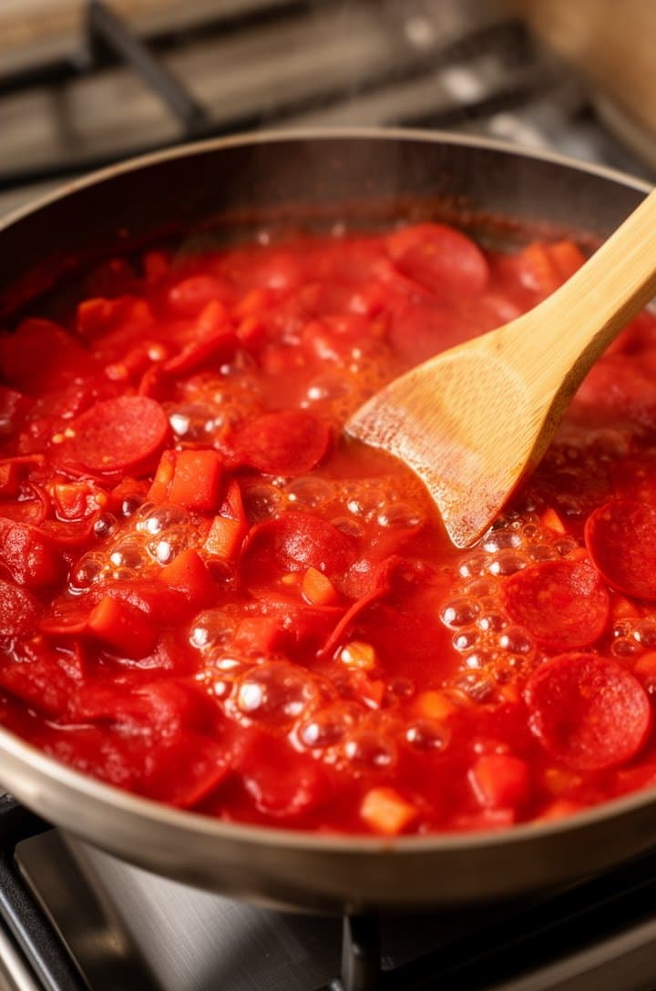 45-degree angle shot of a large skillet on the stovetop with pizza sauce, diced tomatoes, water, and chopped pepperoni combined and just starting to bubble, rich deep red sauce with visible tomato chunks and pepperoni pieces, wooden spoon stirring, warm kitchen lighting, stainless steel burner visible
