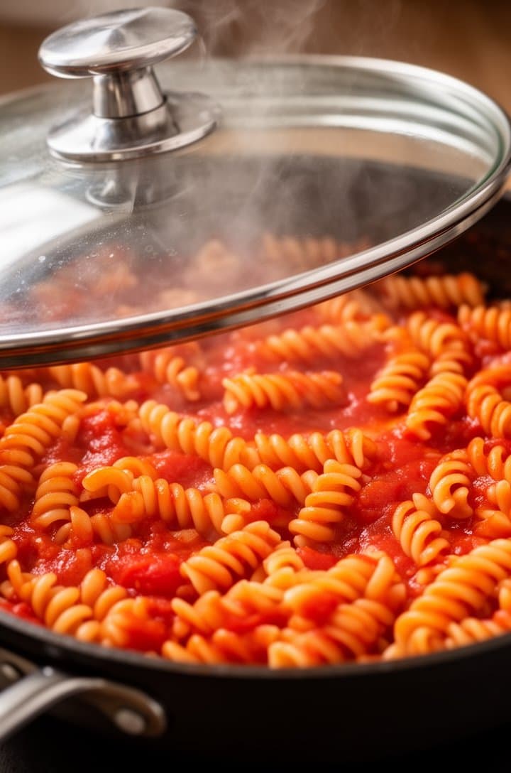 Overhead shot looking down into a covered skillet with the lid slightly ajar, rotini pasta cooking in the tomato sauce, pasta is halfway cooked and absorbing the red sauce, some pasta pieces still poking above the surface, steam escaping from under the glass lid, warm tones