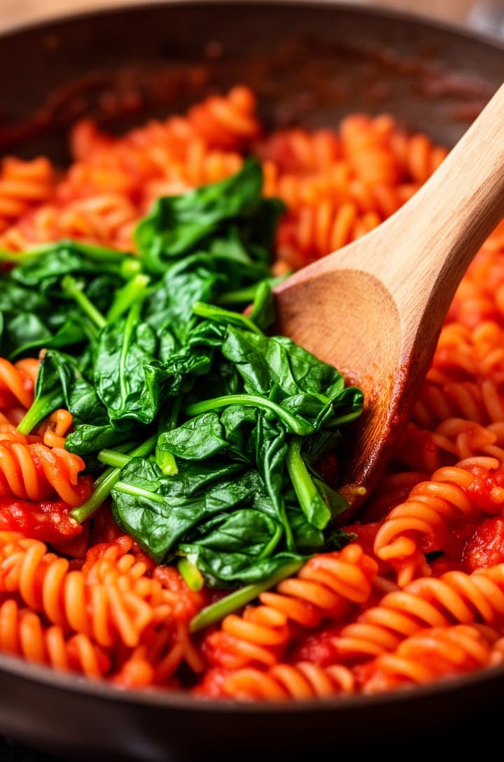 Close-up of wilted baby spinach being stirred into the cooked pasta in the skillet with a wooden spoon, the bright green spinach is just wilting down into the red sauce-coated rotini, some leaves still vibrant green while others have softened, warm side lighting