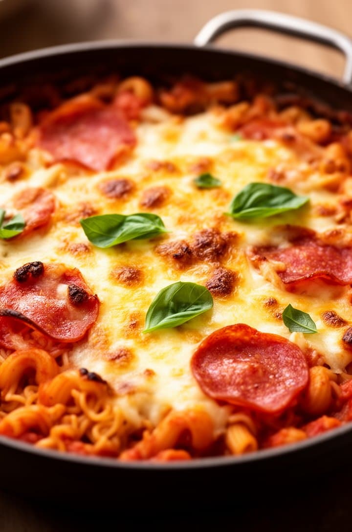 Dramatic close-up of the finished pizza pasta in the skillet after broiling, bubbly golden-brown melted mozzarella cheese on top with crispy-edged pepperoni slices, some cheese slightly charred at the edges, torn fresh basil leaves scattered on top, the skillet handle visible at the edge, warm overhead lighting creating highlights on the bubbly cheese surface