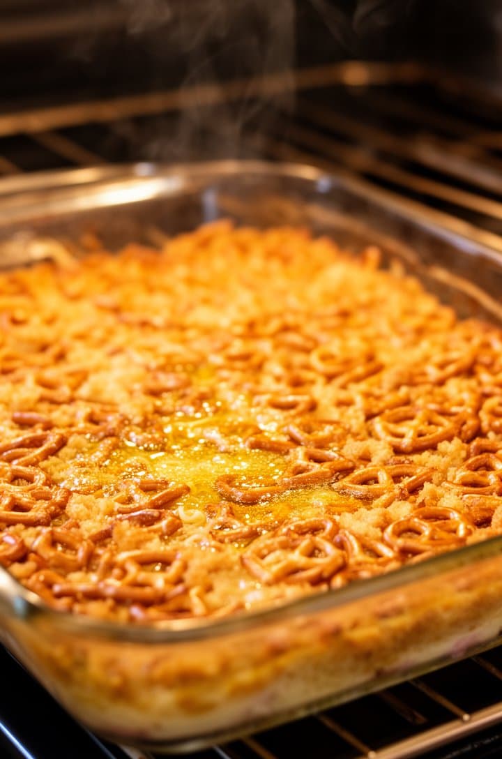 Close-up 45-degree shot of golden buttery pretzel crust pressed into a 13x9 glass baking dish fresh from the oven, the surface lightly toasted with visible pretzel pieces and melted butter pooled at the edges, steam rising slightly, warm amber tones from oven lighting, shallow depth of field with oven rack blurred in background