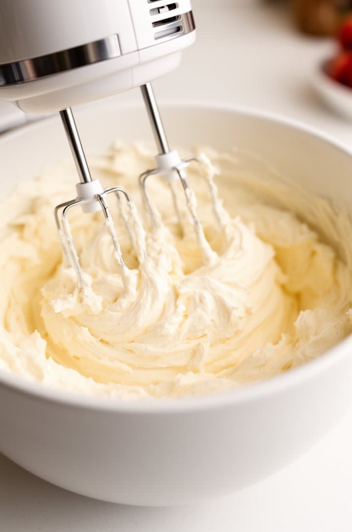 Side-angle close-up of an electric hand mixer beating cream cheese and sugar in a large white mixing bowl, the mixture fluffy and smooth with small peaks forming, the beaters lifted slightly showing the creamy texture dripping, bright kitchen lighting, clean white countertop background