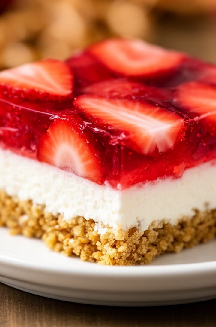 Close-up macro shot of a single perfect square slice of strawberry pretzel salad on a small white ceramic plate, shot from a low side angle at 8 inches to showcase all three distinct layers: crumbly golden pretzel base, thick fluffy white cream cheese middle, and glistening translucent red jello top studded with fresh strawberry slices showing their white cores, warm natural side lighting creating highlights on the jello surface, creamy bokeh background, professional food blog photography