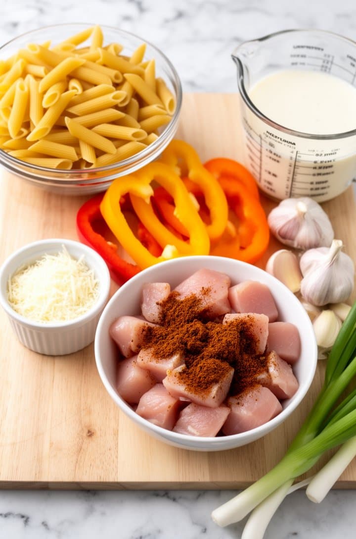 Overhead flat-lay of all rasta pasta ingredients arranged on a light wooden cutting board and marble surface — dried penne in a glass bowl, three sliced bell peppers in red yellow and orange, cubed raw chicken in a white bowl tossed with brown jerk seasoning, a small ramekin of grated parmesan, a glass measuring cup of heavy cream, sliced green onions, whole garlic cloves, bright natural window lighting, clean and organized mise en place, professional food photography