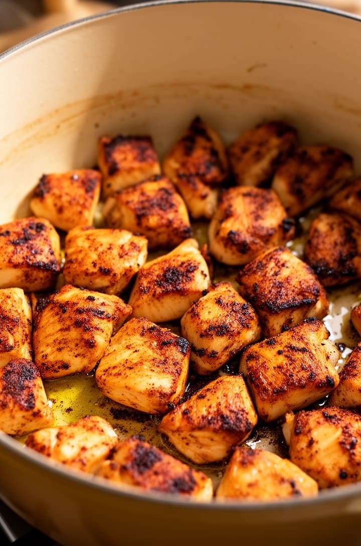 Close-up shot of jerk-seasoned chicken cubes cooking in a cream-colored enameled Dutch oven, golden-brown sear developing on the edges of the chicken pieces, dark spice flecks from the jerk seasoning visible on each cube, oil pooling around the chicken, taken from 10 inches away at a 30-degree angle, warm side lighting from the left, shallow depth of field with the back of the pot softly blurred