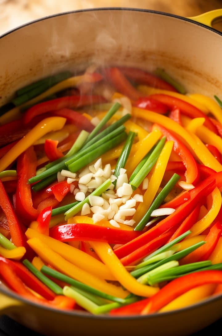 Overhead close-up of sliced colorful bell peppers and green onions sautéing in the same Dutch oven, the red yellow and orange pepper strips glistening and slightly softened, minced garlic scattered among the peppers, wisps of steam rising, warm golden tones, tight crop filling the frame with the contents of the pot