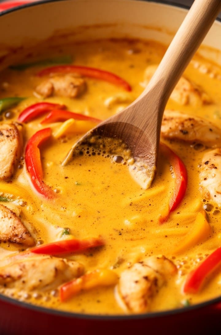 Side-angle macro shot of the creamy jerk sauce being stirred with a wooden spoon in the Dutch oven, the golden-orange sauce smooth and thick with melted parmesan, specks of jerk seasoning visible throughout, cooked chicken pieces and bell pepper strips in the sauce, gentle bubbles at the edges, warm lighting highlighting the glossy sauce surface