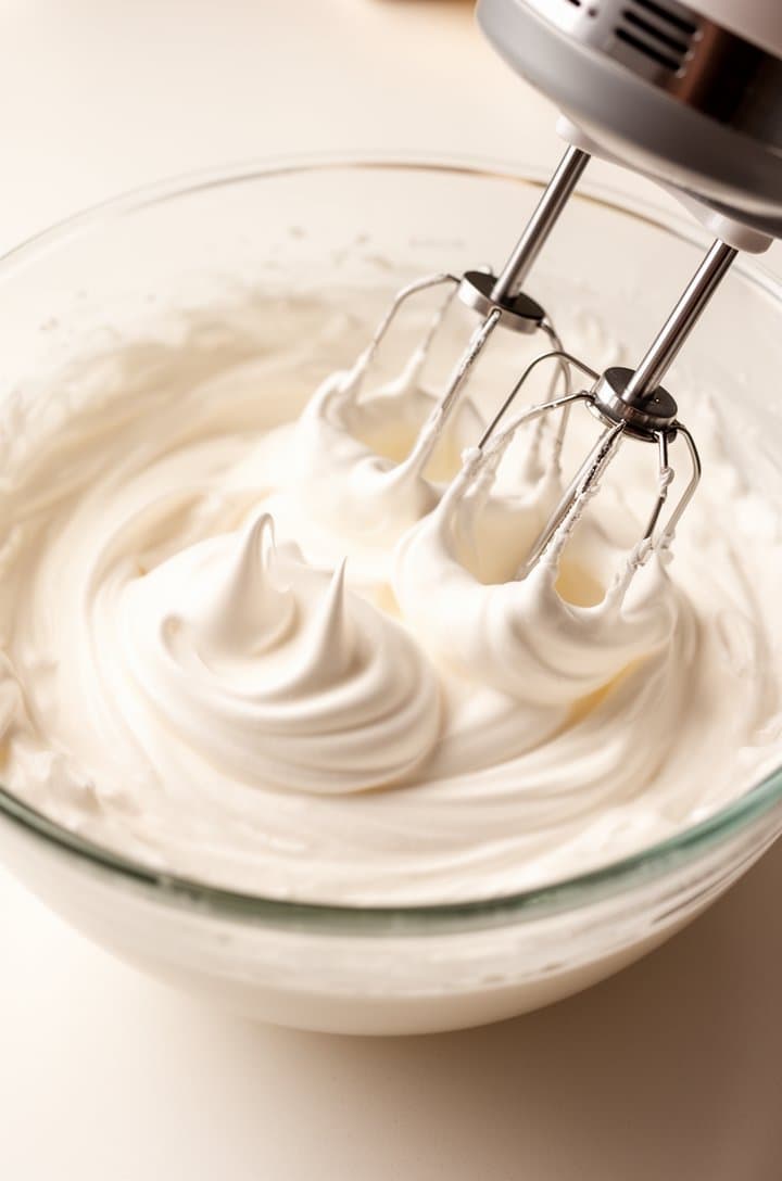 Overhead shot of four egg whites being whipped in a clean glass bowl with a hand mixer, the whites forming glossy stiff peaks with soft curves at the tips, the mixer beaters lifted showing trails of meringue, bright natural lighting on a white countertop