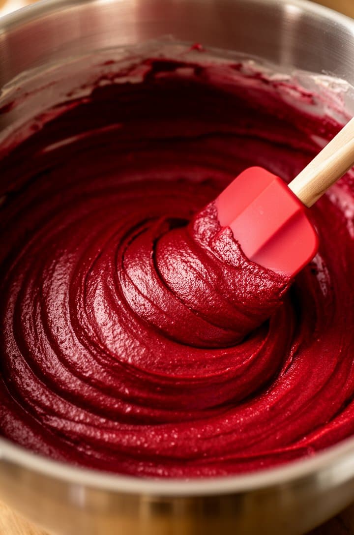 Close-up of deep crimson red velvet cake batter in a large stainless steel mixing bowl after folding in the whipped egg whites, the batter silky smooth and glossy with a rich even red color, a rubber spatula resting in the bowl showing the thick consistency, warm overhead lighting