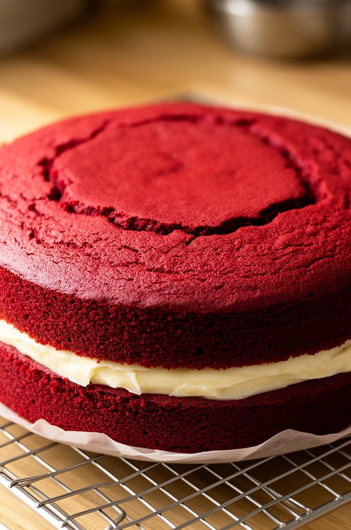 Two 9-inch round red velvet cake layers cooling on a wire rack, the tops slightly domed with a deep red color and fine even crumb visible where the surface cracked slightly, parchment paper peeled away from the sides, kitchen counter background with warm natural light