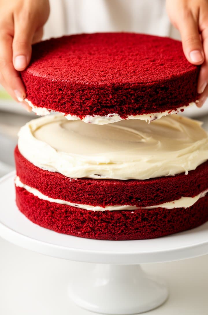 Side-angle shot of a red velvet cake being assembled — bottom layer on a white cake stand with a thick even layer of white cream cheese frosting spread on top, the second cake layer being carefully lowered into position by two hands, frosting slightly peeking out at the edges, bright clean kitchen background