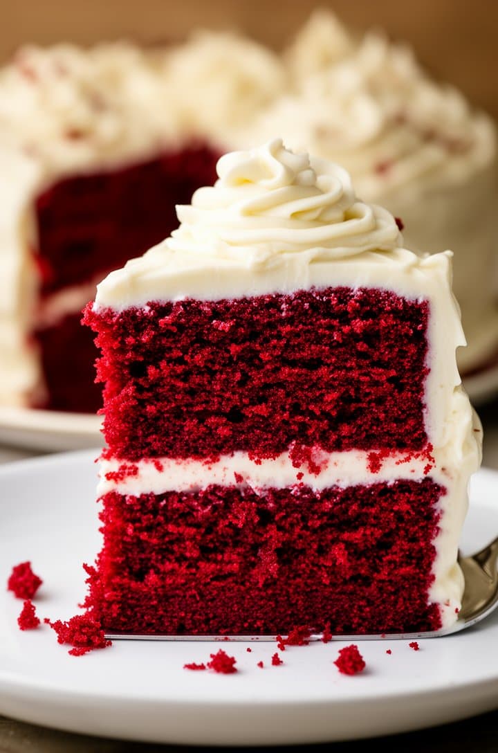 Dramatic close-up of a single slice of red velvet cake on a white plate being lifted with a cake server, two distinct deep red layers visible with a thick stripe of white cream cheese frosting between them, frosting swirled generously on top, moist crumb texture visible, a few crumbs trailing on the plate, shallow depth of field with the rest of the cake blurred behind