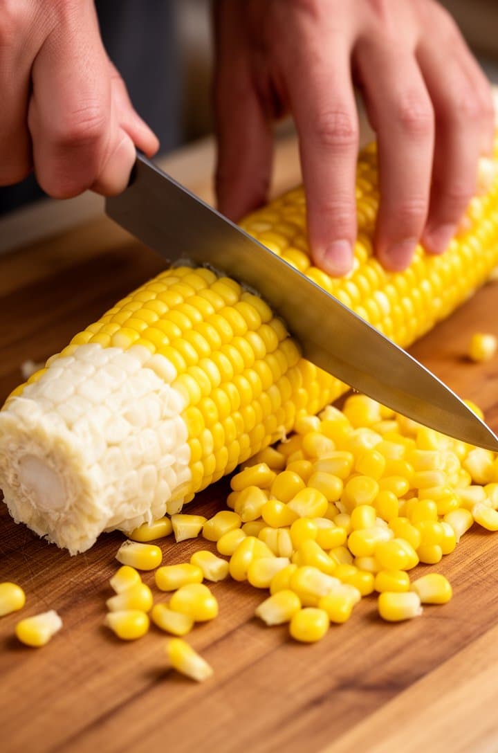 Close-up of hands slicing golden corn kernels off a raw ear of corn with a sharp chef's knife on a wooden cutting board, bright yellow kernels scattering onto the board surface, the pale white cob visible where kernels have been removed, warm natural side lighting, tight crop showing just the hands, knife, corn, and board