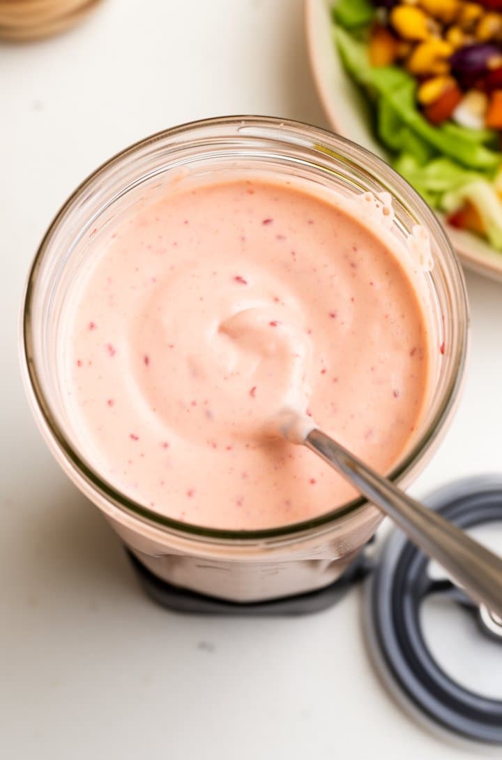 Top-down shot of a blender jar filled with creamy pale-pink chipotle ranch dressing, smooth and thick with tiny red chipotle flecks visible throughout, a spoon resting inside showing the coating consistency, the removed blender lid beside it on a white countertop, bright overhead lighting