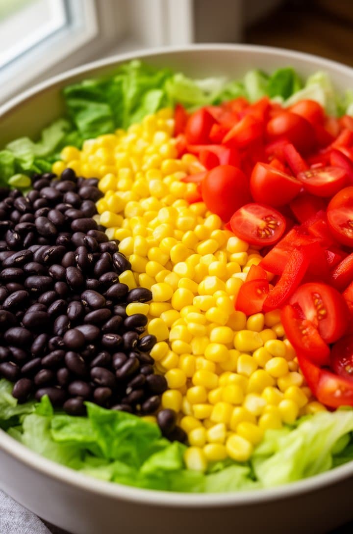 Slightly angled overhead shot of the salad bowl mid-assembly — chopped romaine as the base with black beans, corn kernels, halved cherry tomatoes, and red bell pepper chunks arranged in distinct colorful sections before being tossed, vibrant greens, yellows, reds, and blacks creating a rainbow pattern, natural window lighting from the left