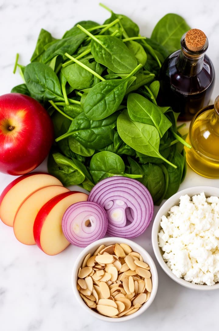 Overhead flat-lay of all spinach salad ingredients arranged on a white marble surface: a large pile of vibrant baby spinach leaves, a whole red Honeycrisp apple beside thin crescent slices, a quarter red onion with rings separated, a small bowl of white crumbled feta cheese, a dish of raw sliced almonds, and small bottles of olive oil and red wine vinegar. Bright, even natural lighting, clean food blog styling with minimal props