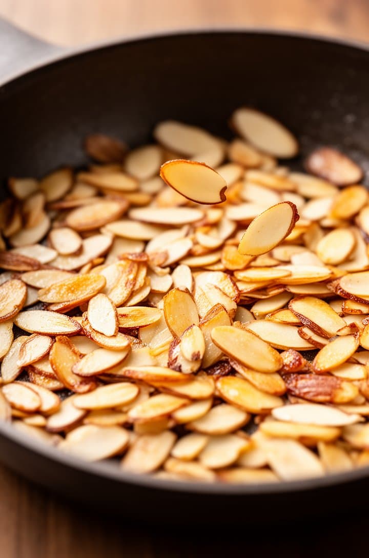 Close-up of golden toasted sliced almonds spread across a small dark skillet, edges slightly caramelized to amber brown, warm overhead lighting highlighting the texture and color contrast, a few almonds mid-flip showing lighter undersides, shallow depth of field