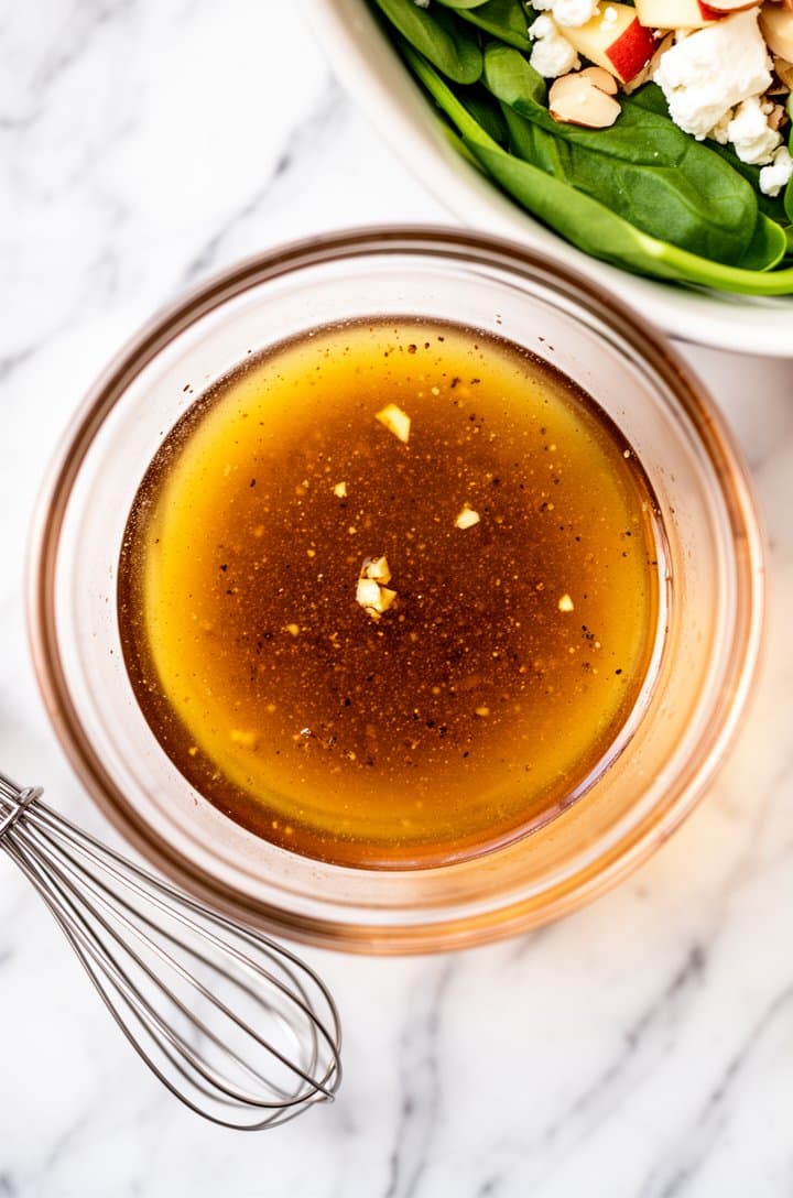 Straight-down overhead shot of a small glass bowl with freshly whisked red wine vinaigrette, smooth and emulsified with a glossy golden-amber surface, tiny specks of minced garlic and ground pepper visible, a small whisk resting beside the bowl on white marble, bright natural lighting