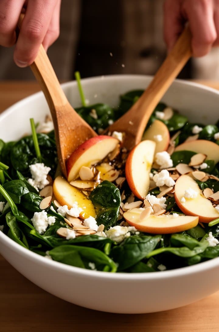 Action shot from slightly above of hands tossing spinach salad in a large white bowl with wooden salad servers, vinaigrette glistening on the dark green leaves, apple slices and feta visible tumbling mid-toss, warm natural side lighting, motion slightly suggested, kitchen background softly blurred