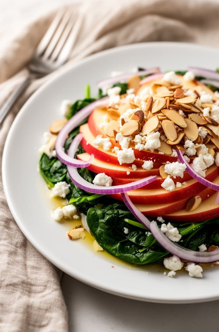 Final plated spinach salad on a clean white ceramic plate, shot from a 30-degree angle showing height and layers — dark green spinach base, red apple slices layered throughout, white feta crumbles and golden toasted almonds generously scattered on top, thin purple onion rings draped across, vinaigrette pooling slightly at the edges, soft natural window light from the left, linen napkin and fork in soft focus beside the plate