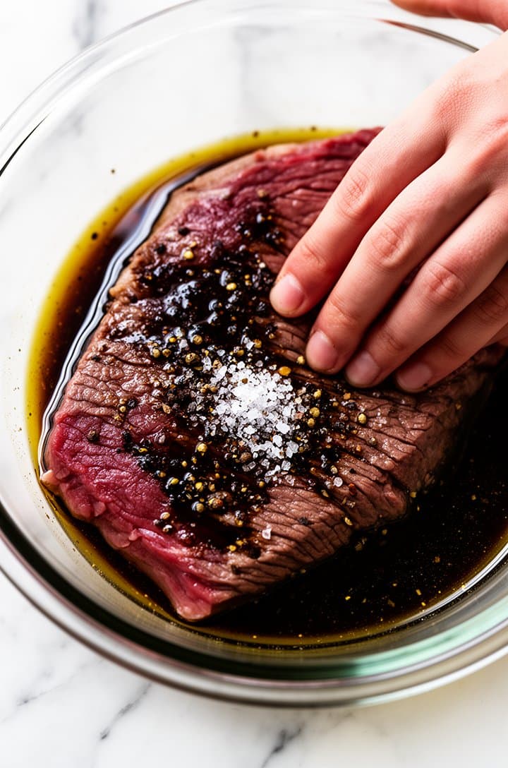 Close-up overhead shot of a raw flank steak in a glass shallow dish being coated with dark balsamic vinegar and olive oil marinade, a hand visible pressing the seasoning into the meat, crystals of kosher salt and cracked black pepper visible on the surface of the deep red-brown meat, bright natural kitchen lighting from a window to the left, clean white marble countertop background