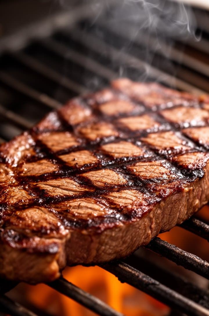 Side-angle close-up of a flank steak on a hot grill grate showing distinct dark brown grill marks in a crosshatch pattern, the surface caramelized and glistening, thin wisps of aromatic smoke rising, warm orange undertones from grill heat, shallow depth of field with blurred grill grate extending into the background