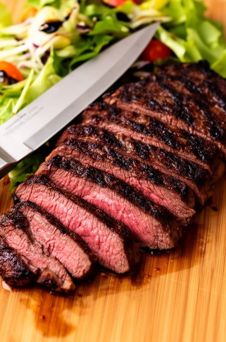 Overhead shot of a medium-rare grilled flank steak resting on a wooden cutting board, a sharp carving knife positioned next to it, juices pooling slightly on the board surface, the steak showing a dark charred exterior crust with visible grill lines, warm natural lighting from the right side